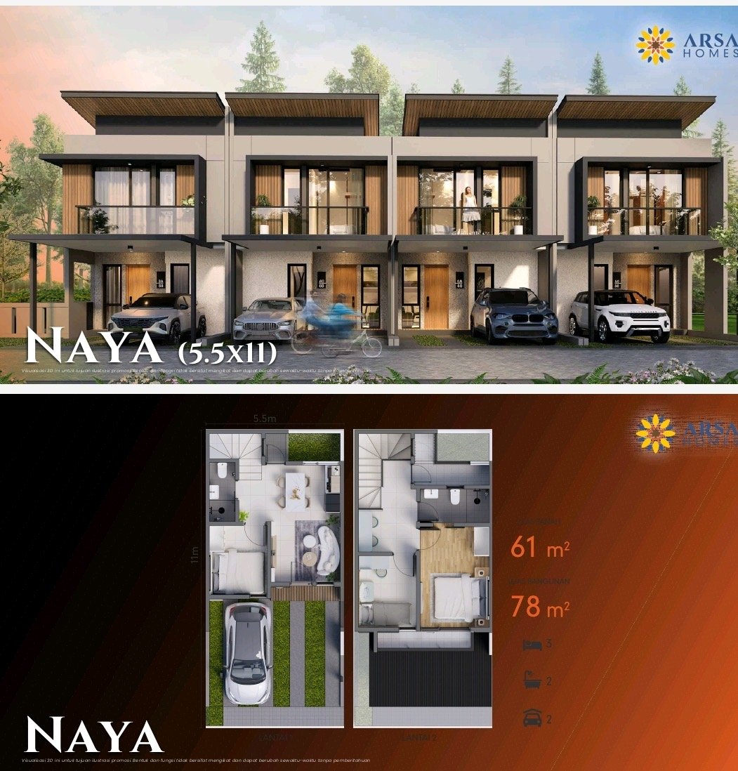 Visual fasad dan denah Arsa Homes tipe Naya